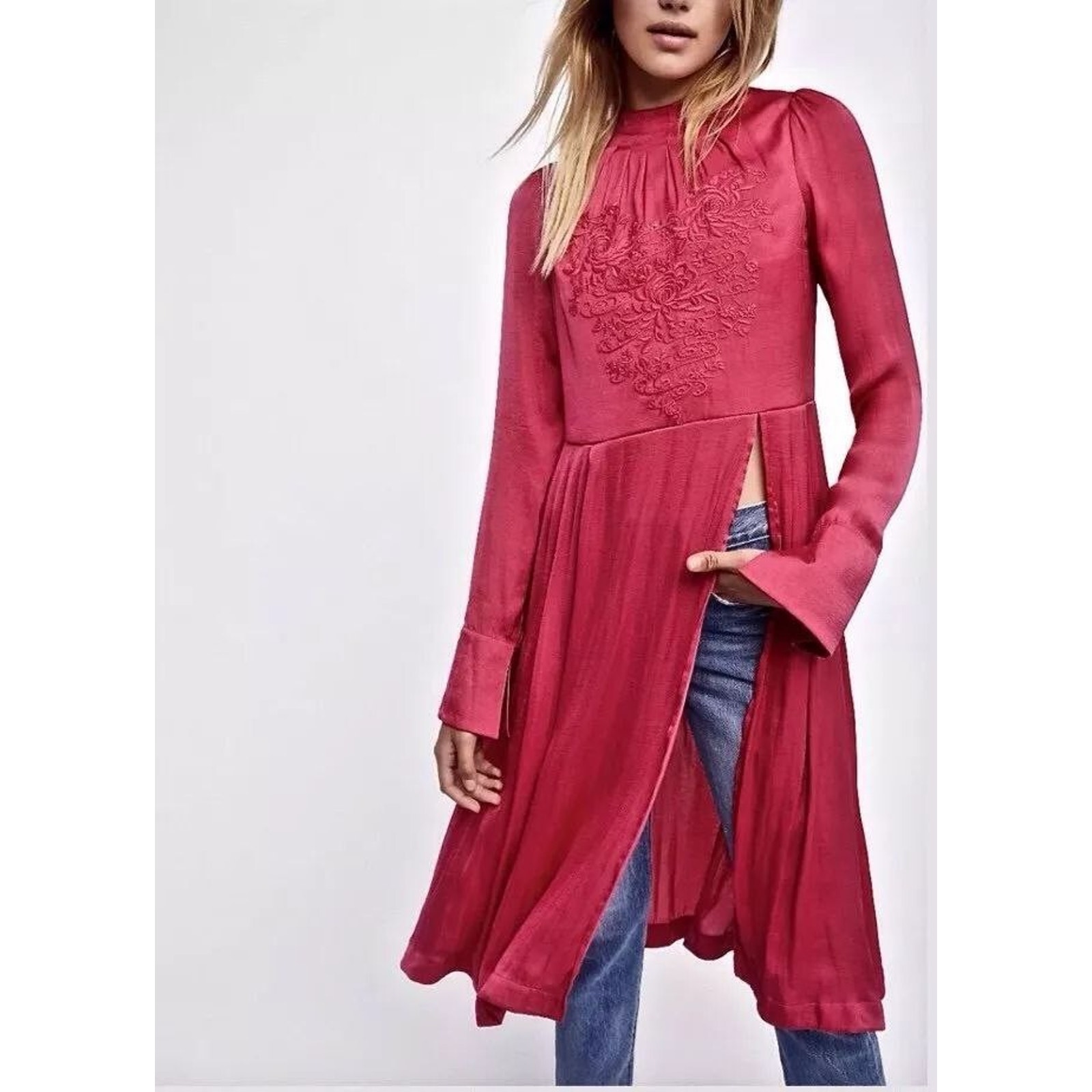 Free People New Day Embroidered Pink Blouse Midi Maxi Tunic Dress Red M A000404
